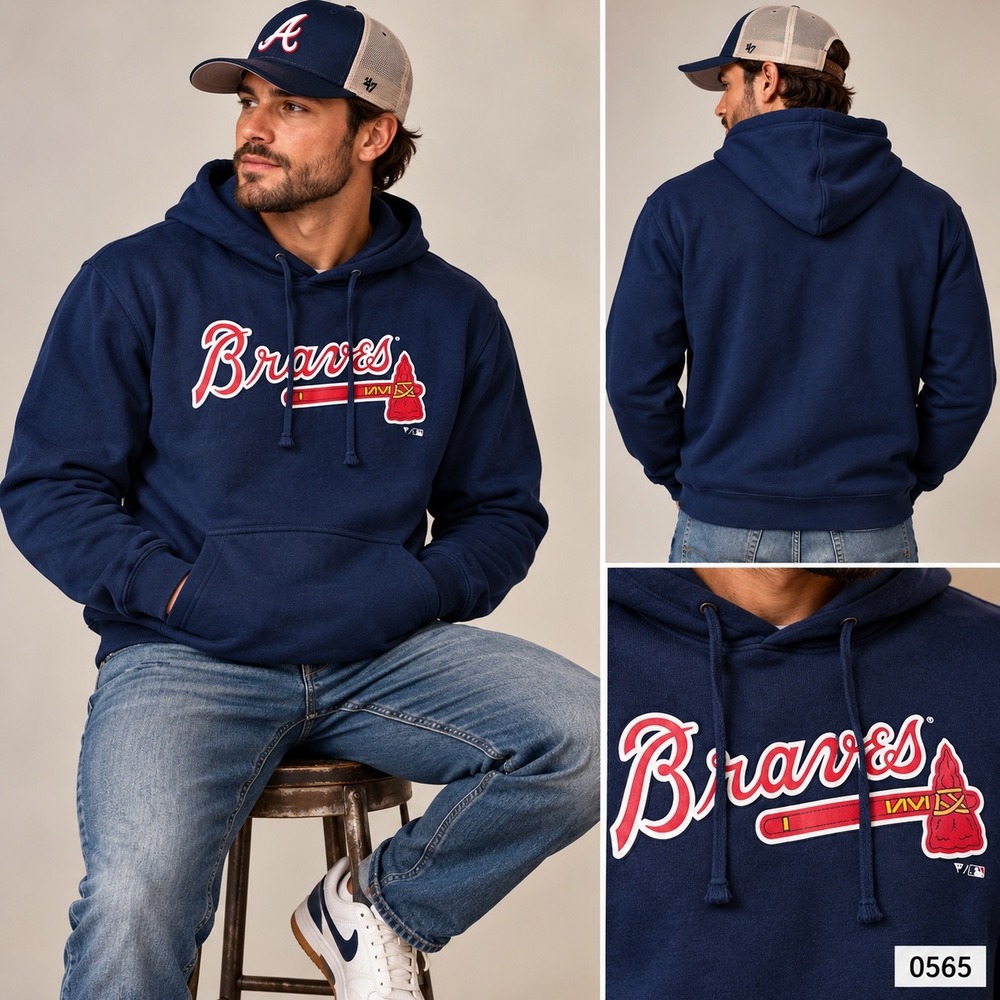 Atlanta Braves Fanatics Navy Blue Pullover Hoodie Mens Large MLB 0565